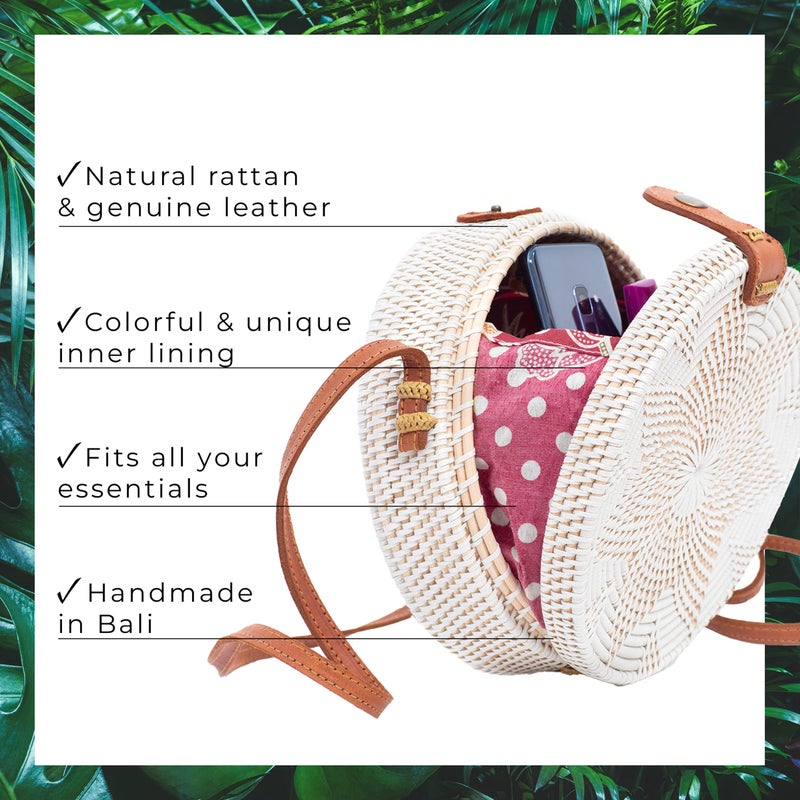 Novum Crafts Round Rattan Bag for Women - Handmade Rattan Straw Bags - Wicker Purse - Boho Bag - White Round Rattan Crossbody Beach Bags - Image 2
